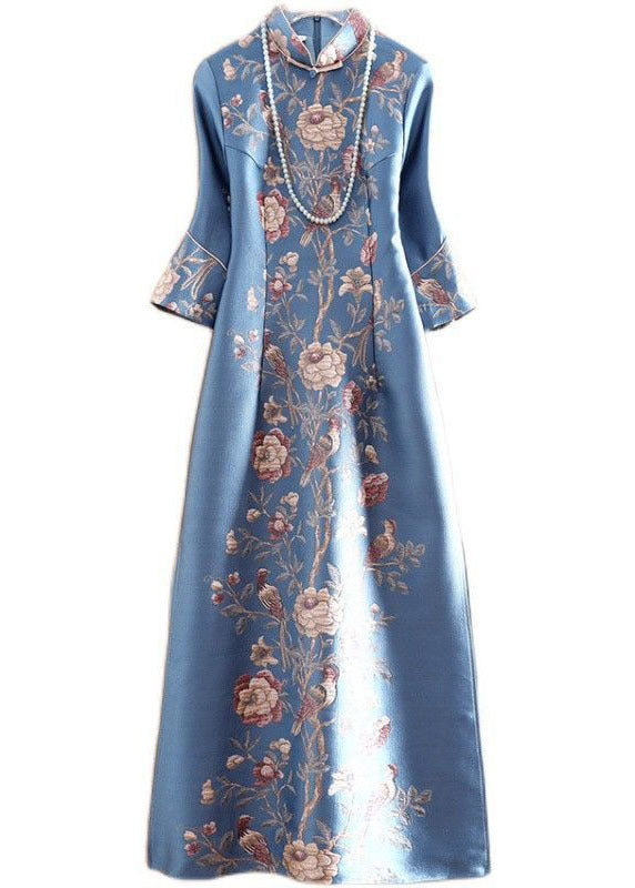 Mandarin Collar Bell Sleeve Floral Bird Print Side Slit Maxi Gown - View 5