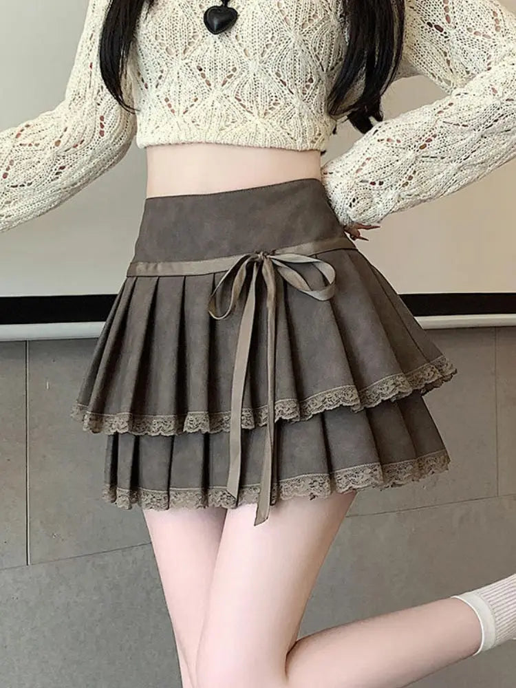 Vintage Bow Pleated PU Skirt