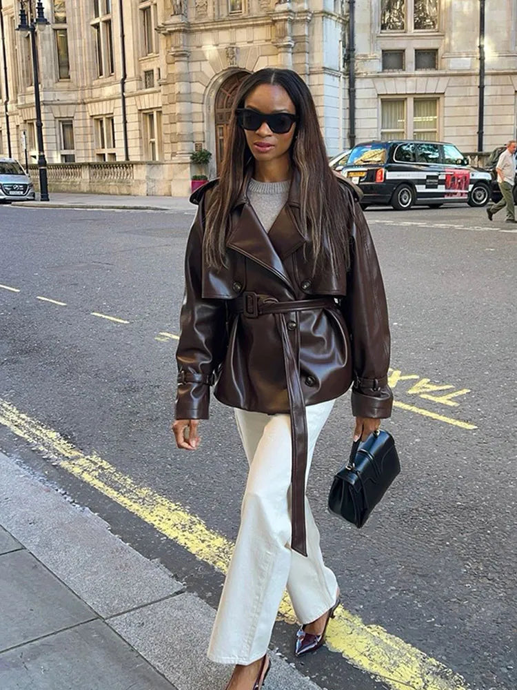 Vintage Brown Button PU Leather Coat