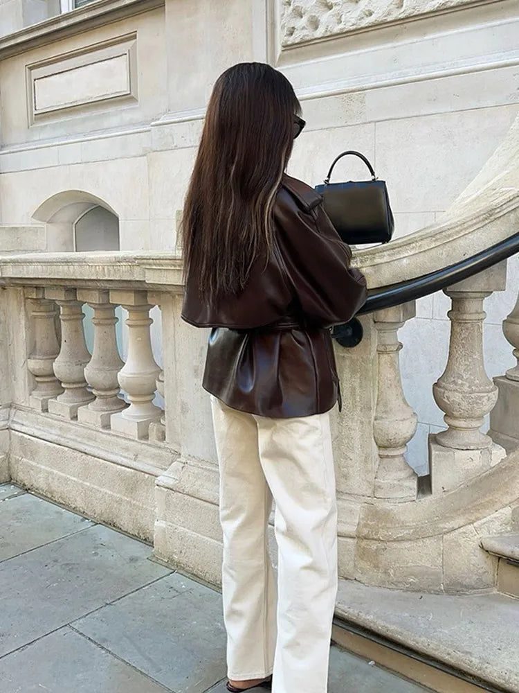 Vintage Brown Button PU Leather Coat