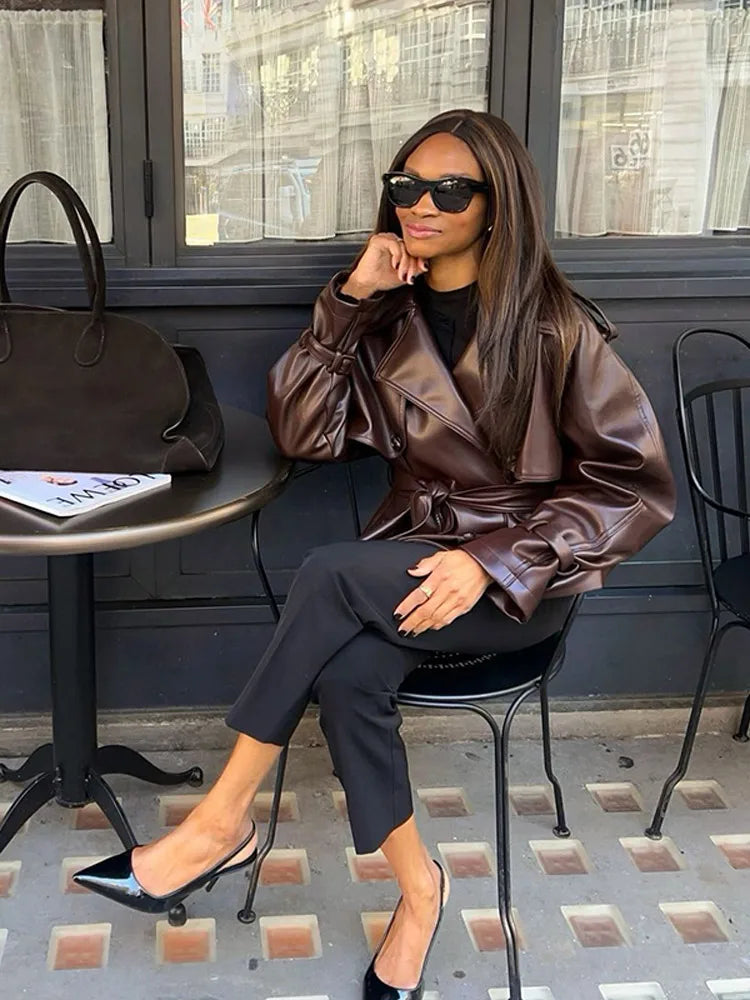 Vintage Brown Button PU Leather Coat