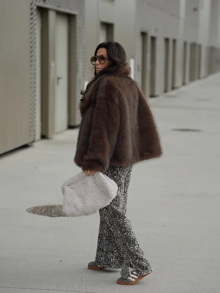 Brown Soft Fluffy Woolen Coat