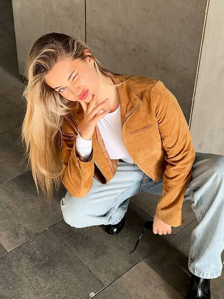 Brown Zipper Suede Leather Coat 4