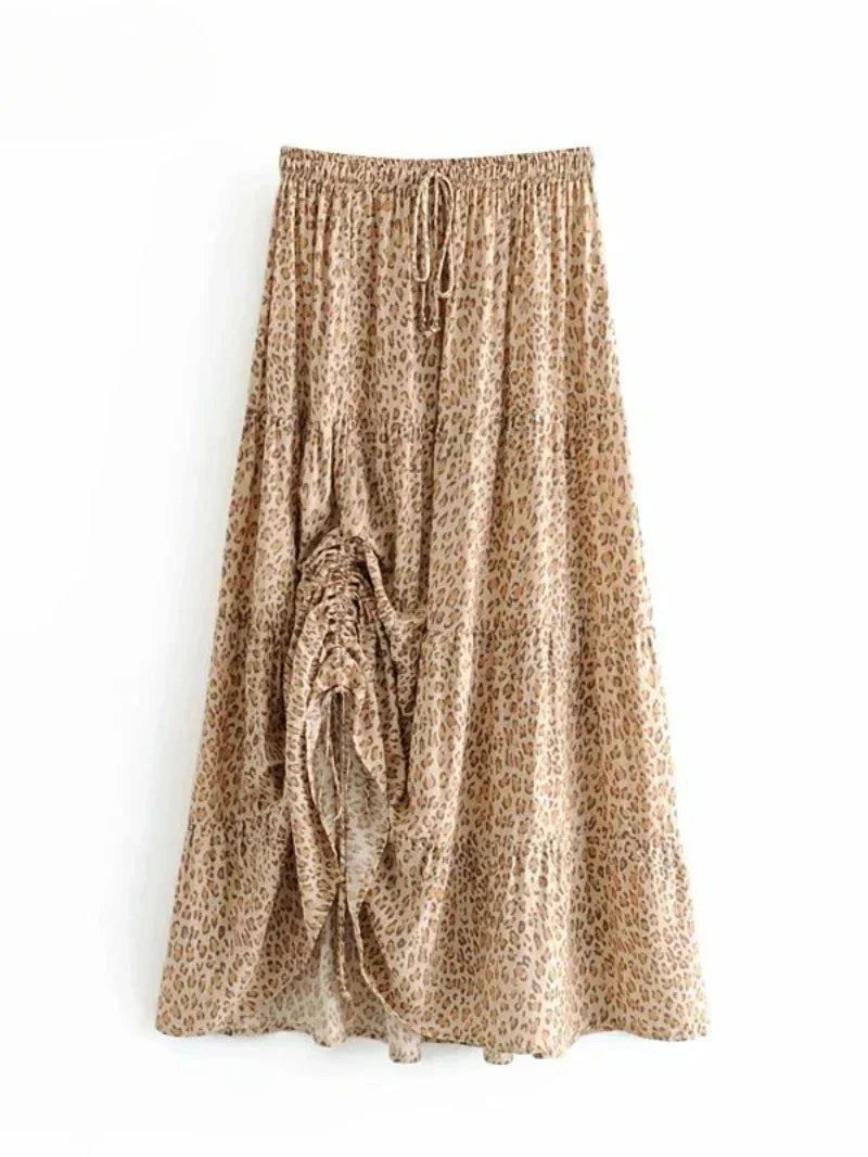 Vintage Chic Hippie Leopard Print Fold Design High Elastic A-Line Skirt