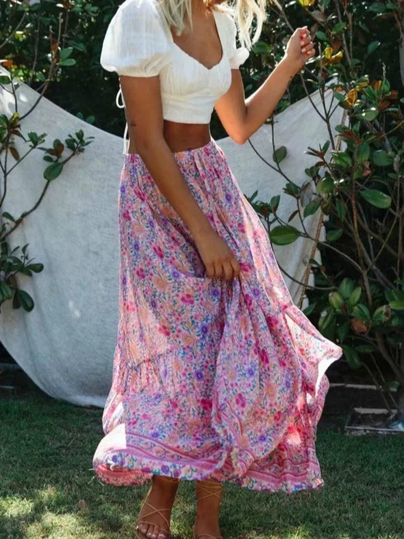 Vintage Pink Floral Print Split Beach Bohemian Maxi Skirt