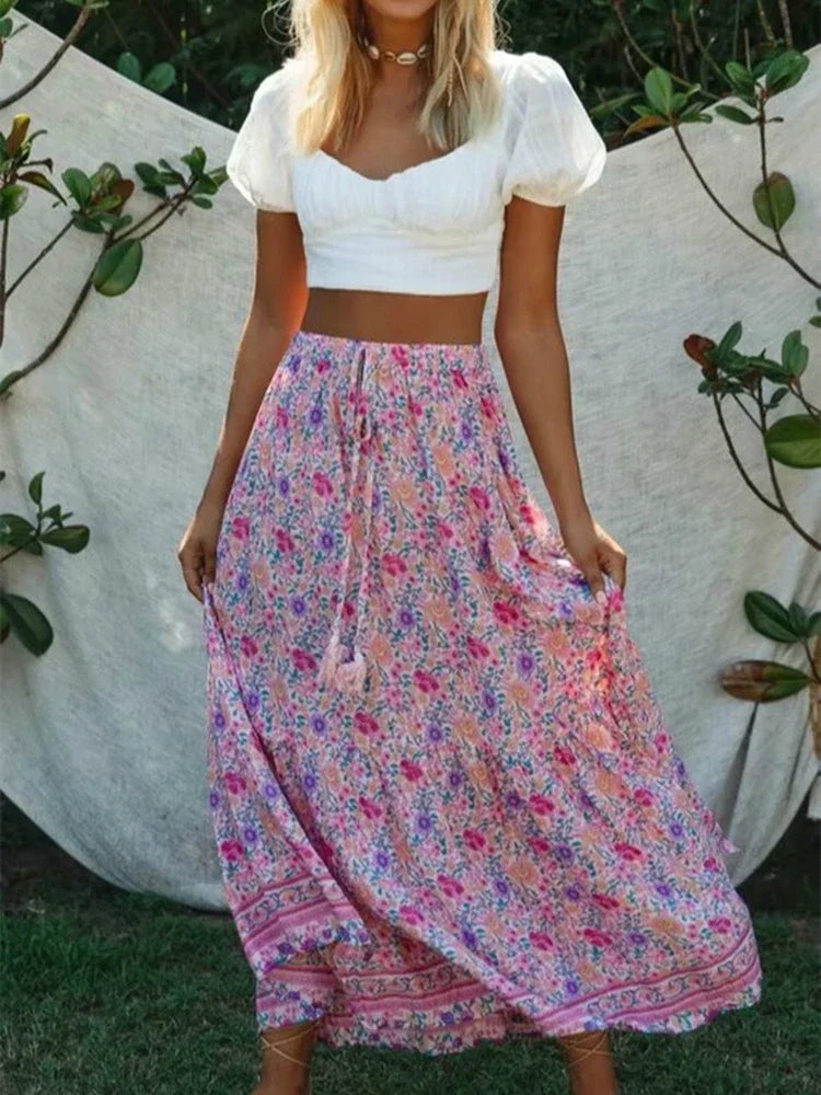 Vintage Pink Floral Print Split Beach Bohemian Maxi Skirt