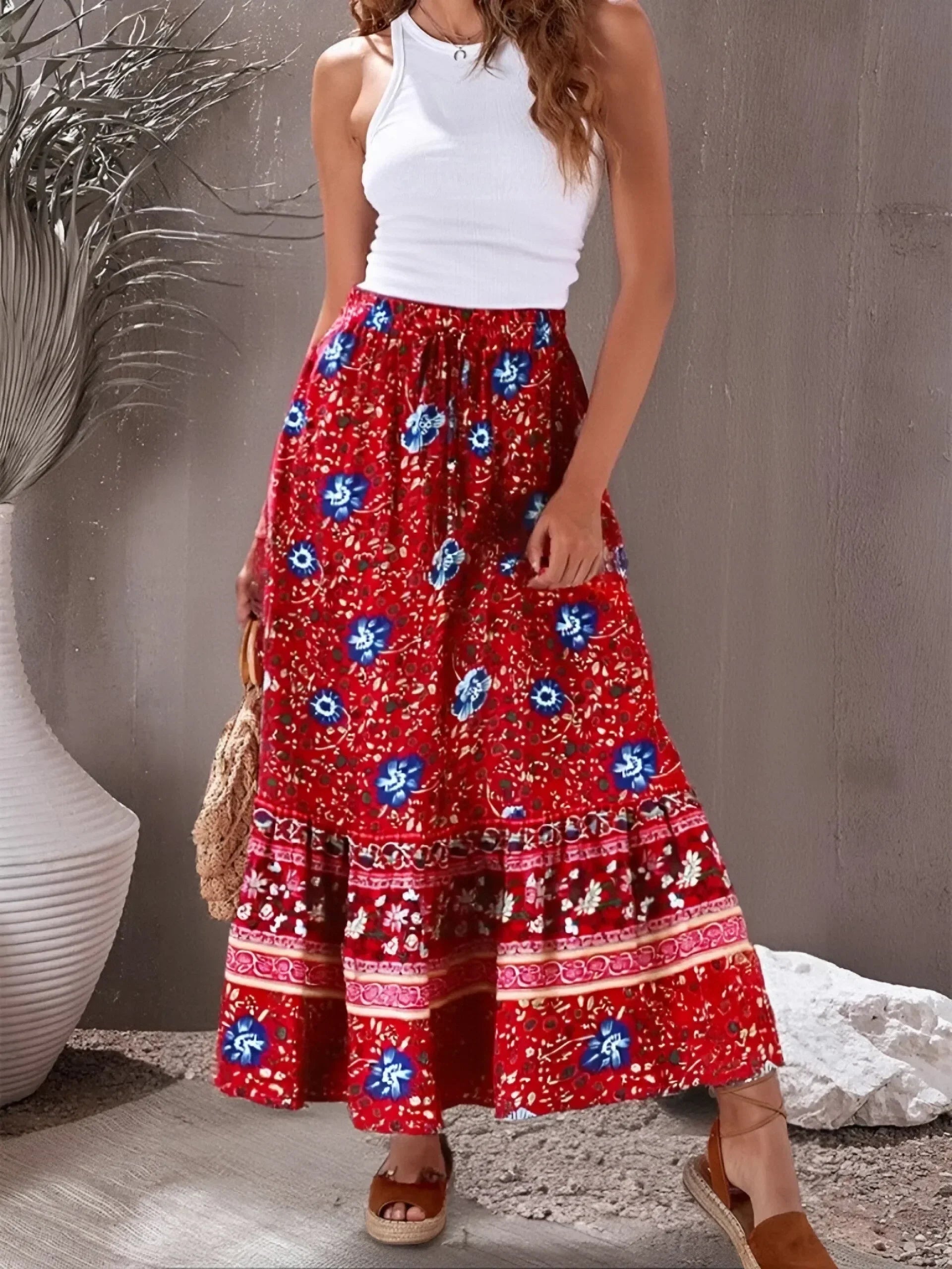 Vintage Chic Red Floral Printed Beach Bohemian Rayon Pleated A-Line Skirt