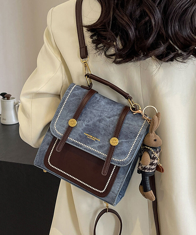 Vintage Denim Blue Patchwork Zircon Messenger Bag