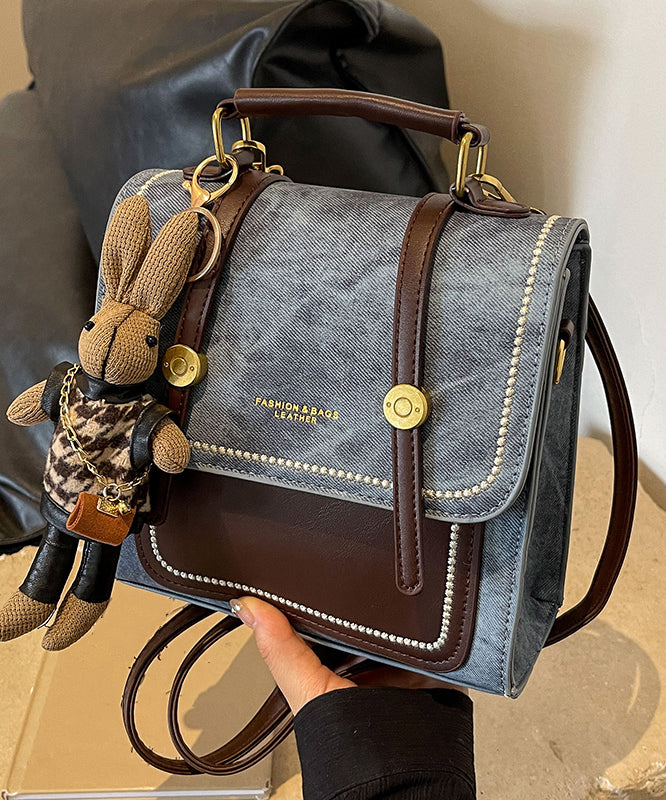 Vintage Denim Blue Patchwork Zircon Messenger Bag