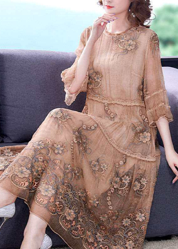 Floral Embroidered Lace Trim Tiered A-Line Midi Dress