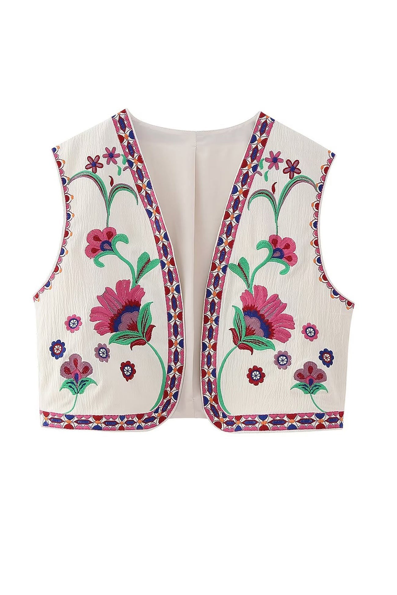 Vintage Floral Embroidery Open Front Vest