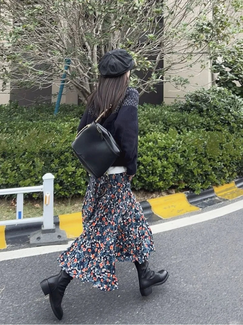 Vintage Flower Print High Waist Pleated Skirt