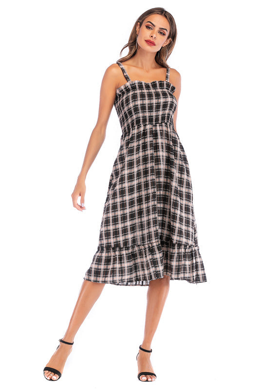 Vintage Gingham Ruffle Trim Shirred Dress - Mislish