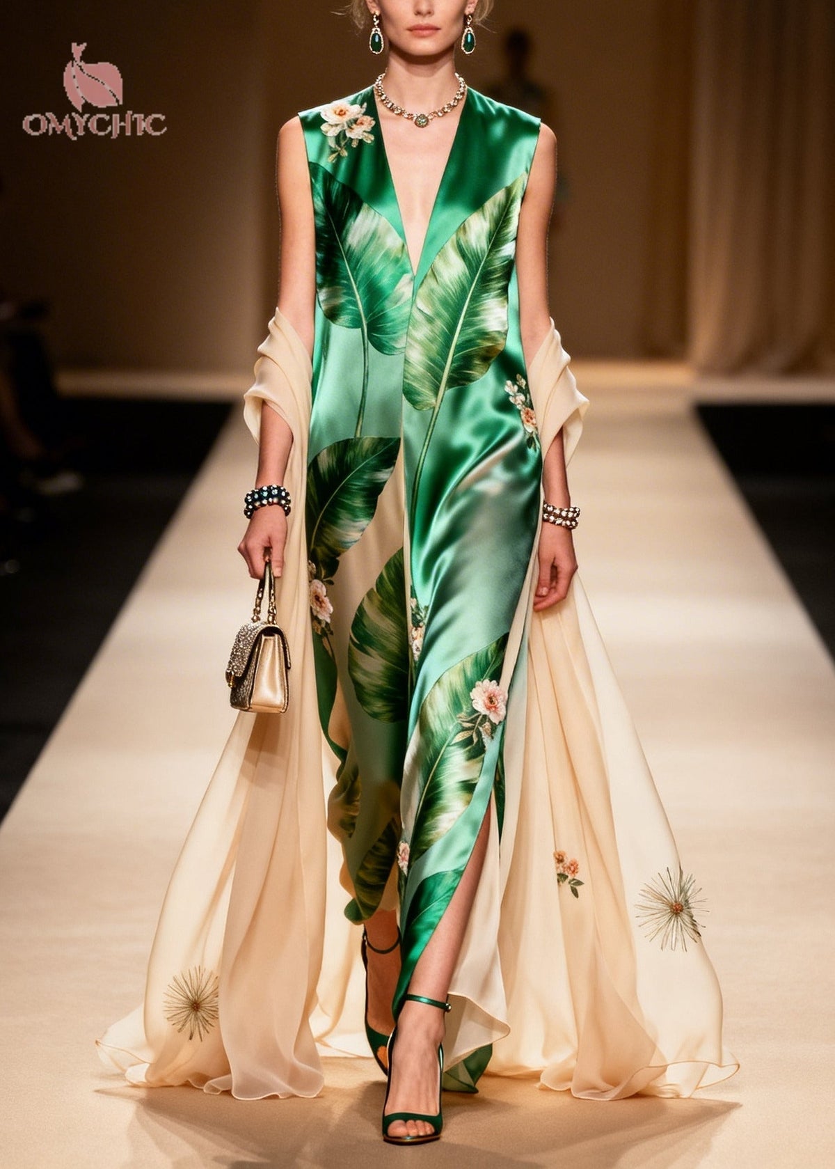 Tropical Floral Print Deep V-Neck Sleeveless Maxi Gown