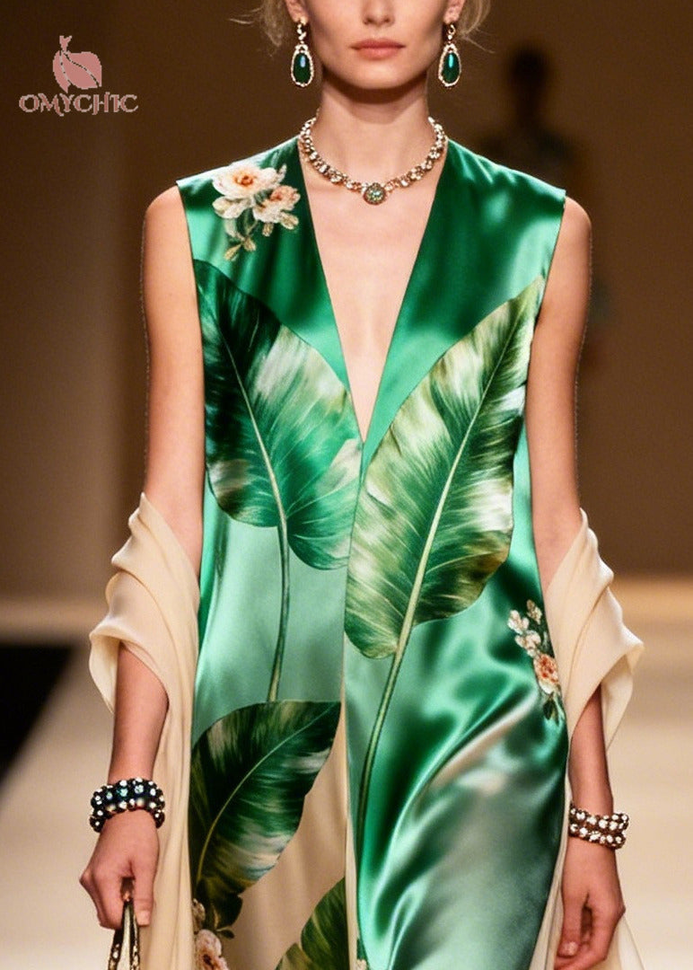Tropical Floral Print Deep V-Neck Sleeveless Maxi Gown - View 2