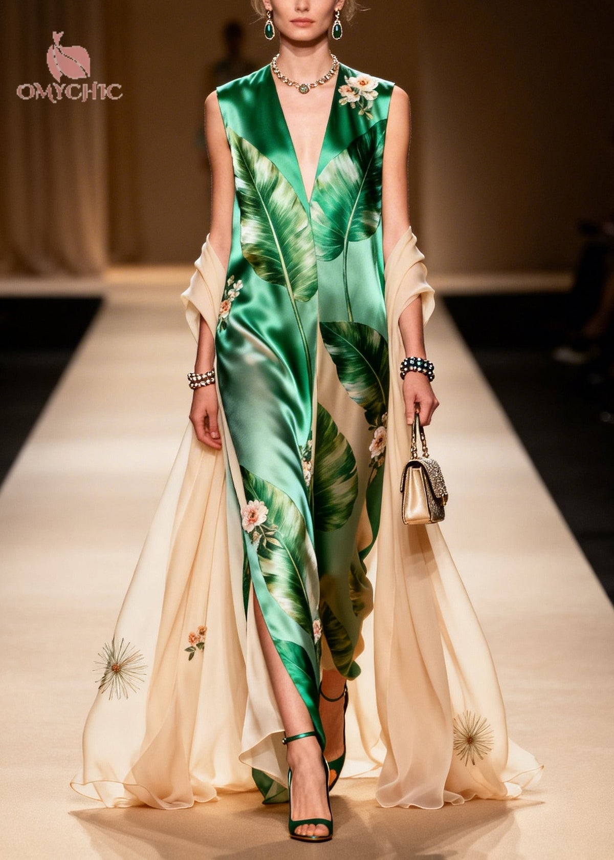 Tropical Floral Print Deep V-Neck Sleeveless Maxi Gown - View 3