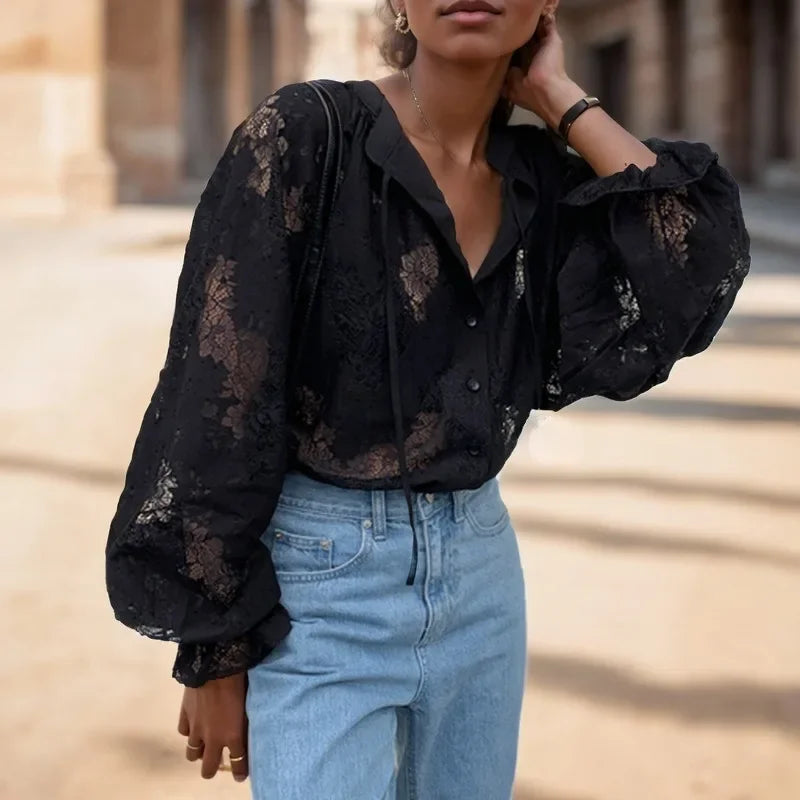 Vintage Hook Hollow Flower Lace Lantern Sleeve Blouse