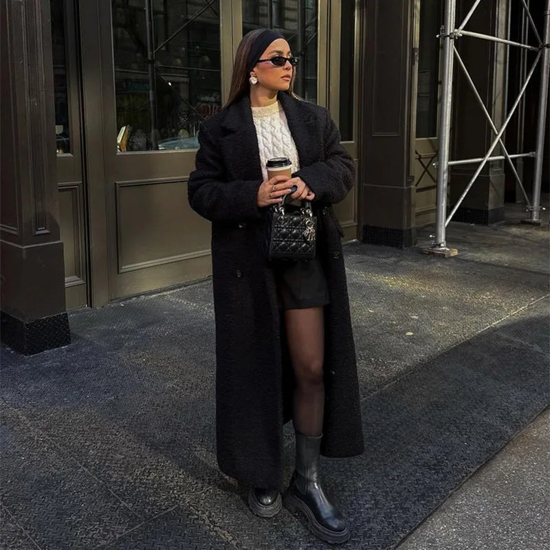 Vintage Black Woolen Double-Breasted Overcoat