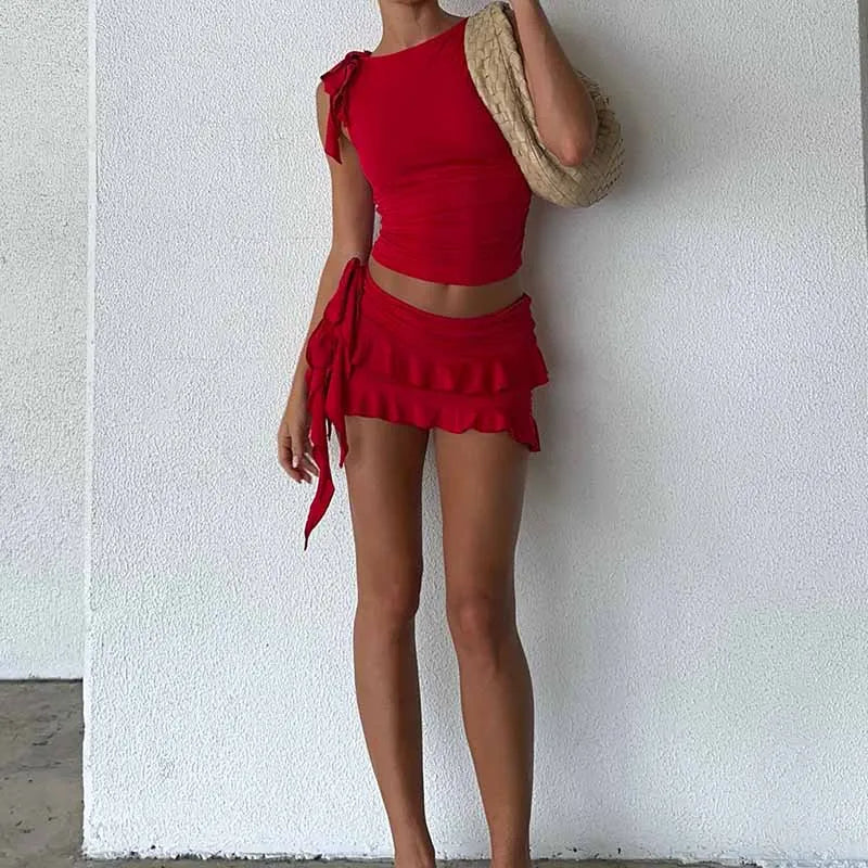 Vintage Lettuce Edge Tie Up Crop Top + Ruched Tiered Ruffles Mini Skirt Coquette 2 Piece Set Women Club Party Streetwear Outfits