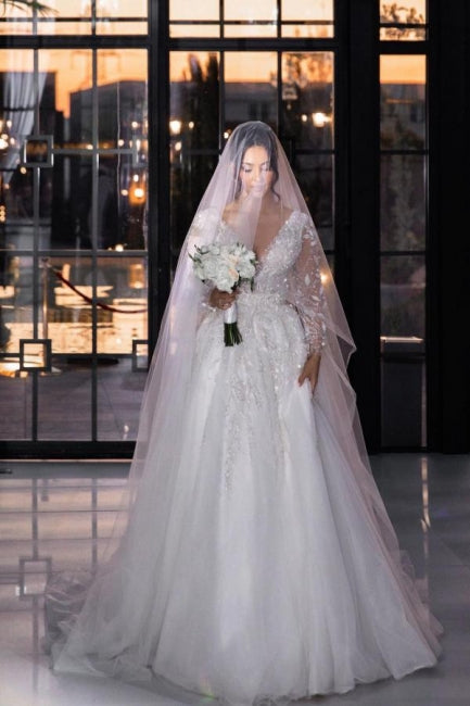 Vintage Inspired Long A-line V-neck Lacy Wedding Dress with Romantic Long Sleeves - Fashionpara