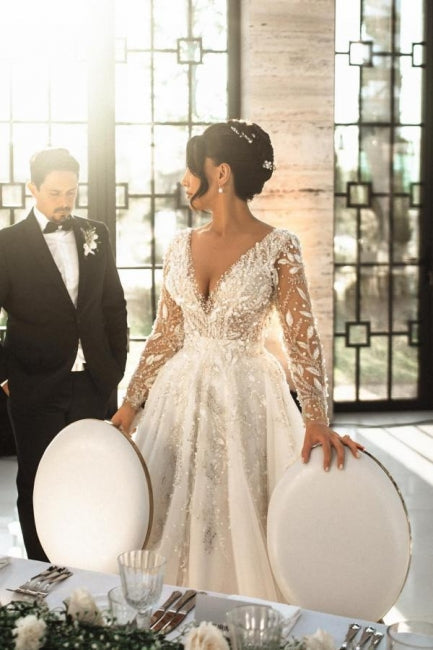 Vintage Inspired Long A-line V-neck Lacy Wedding Dress with Romantic Long Sleeves - Fashionpara