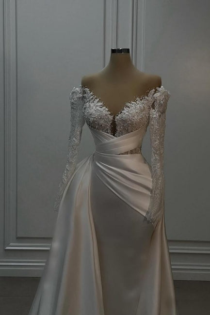 Vintage Long White A-line Off-the-shoulder Lace Beaded Wedding Dress with Long Sleeves - Fashionpara