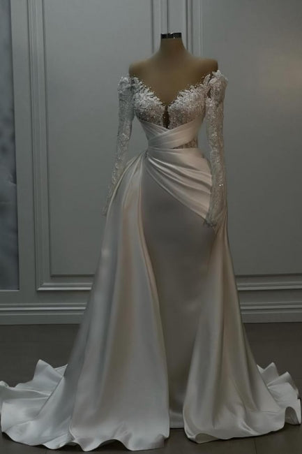 Vintage Long White A-line Off-the-shoulder Lace Beaded Wedding Dress with Long Sleeves - Fashionpara