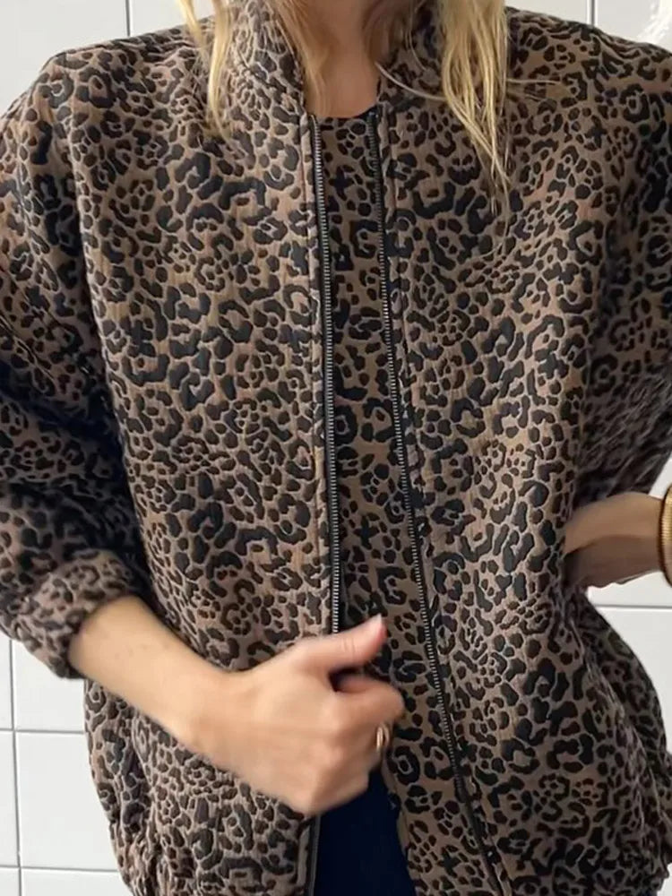 Vintage Leopard Print Zipper Coat