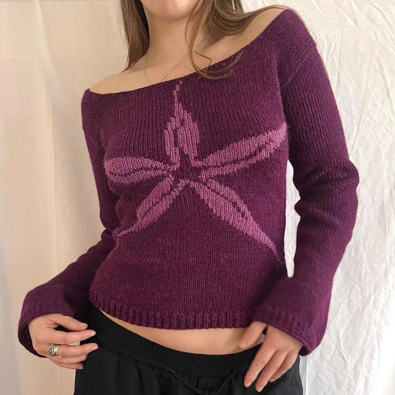 Off Shoulder Long Sleeve Graphic Knit Sweater for Women