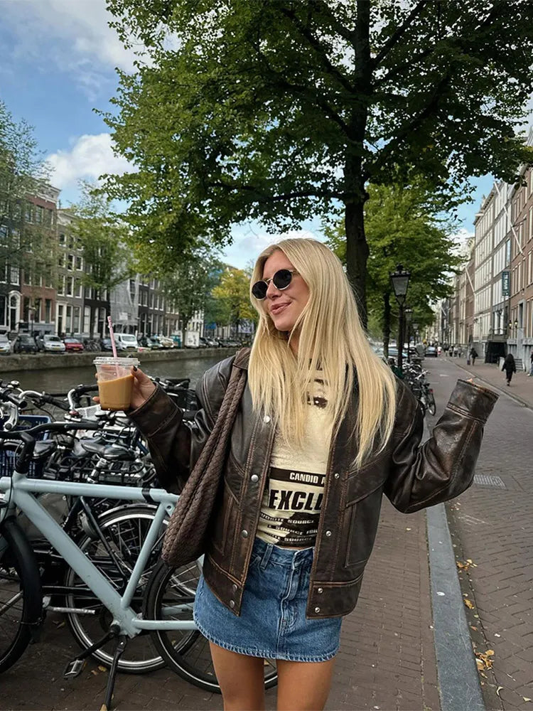 Brown Cropped Lapel Leather Coat