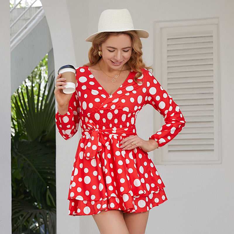 Vintage Polka Dot Printed Long Sleeve V-neck Mini Dress - Fashionpara