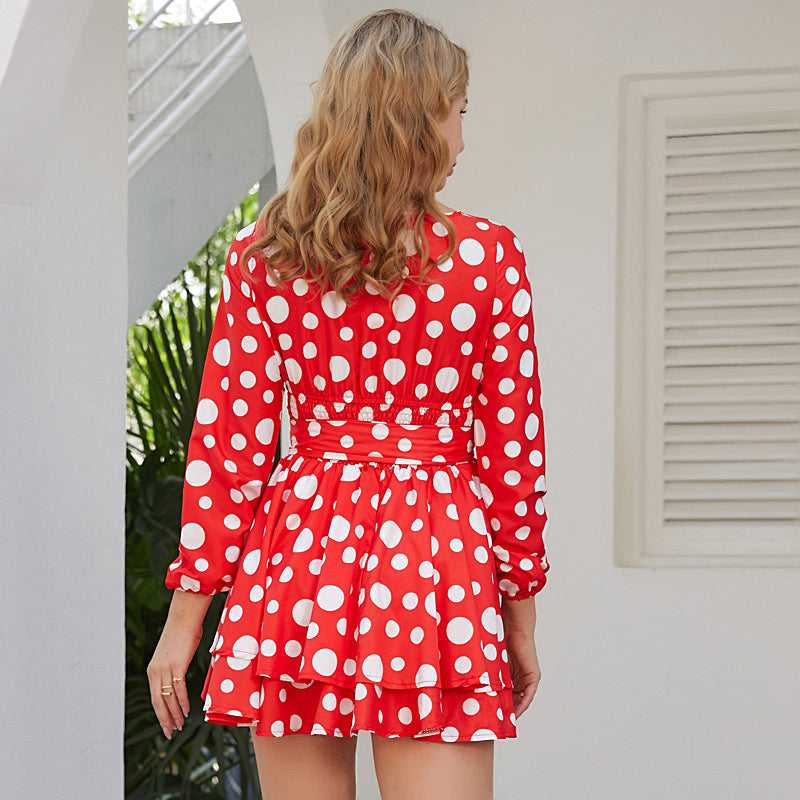 Vintage Polka Dot Printed Long Sleeve V-neck Mini Dress - Fashionpara