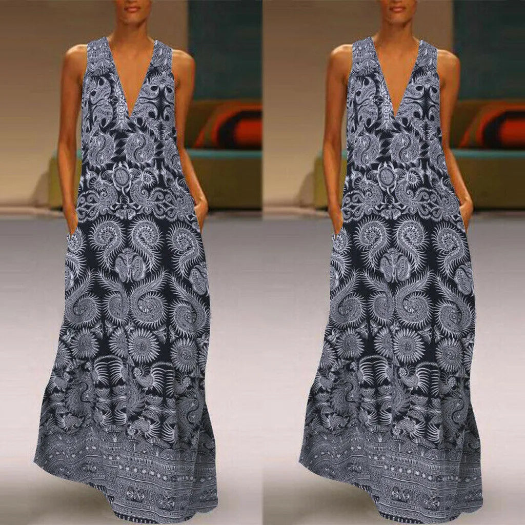Vintage Printed SunCasual Long Sleeveless Deep V Neck Party Robe Femme Dress