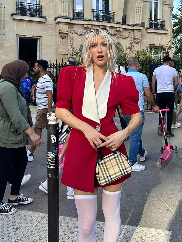 Red Button Mini Dress with V Neck - A-Line Christmas Party Dress - Fashionpara