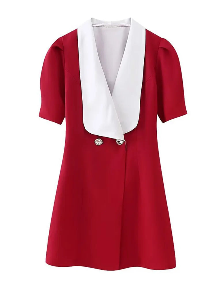 Red Button Mini Dress with V Neck - A-Line Christmas Party Dress - Fashionpara