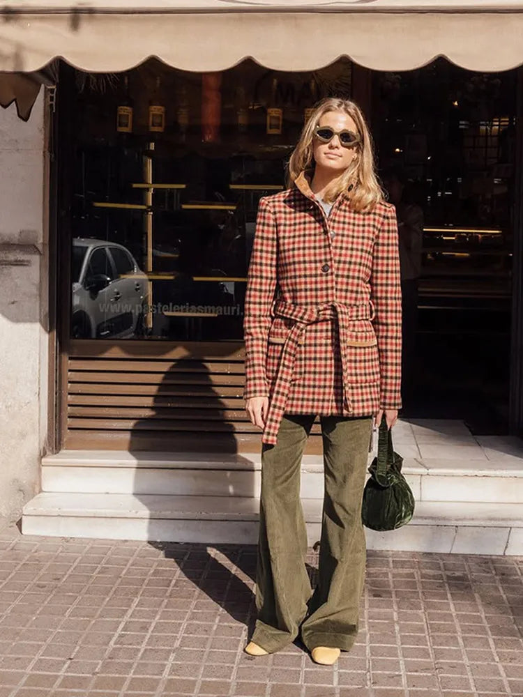 Red Plaid Wool Jacket with Belt Coat - Fashionpara