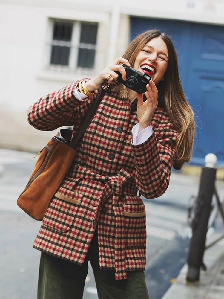 Red Plaid Wool Jacket with Belt Coat - Fashionpara