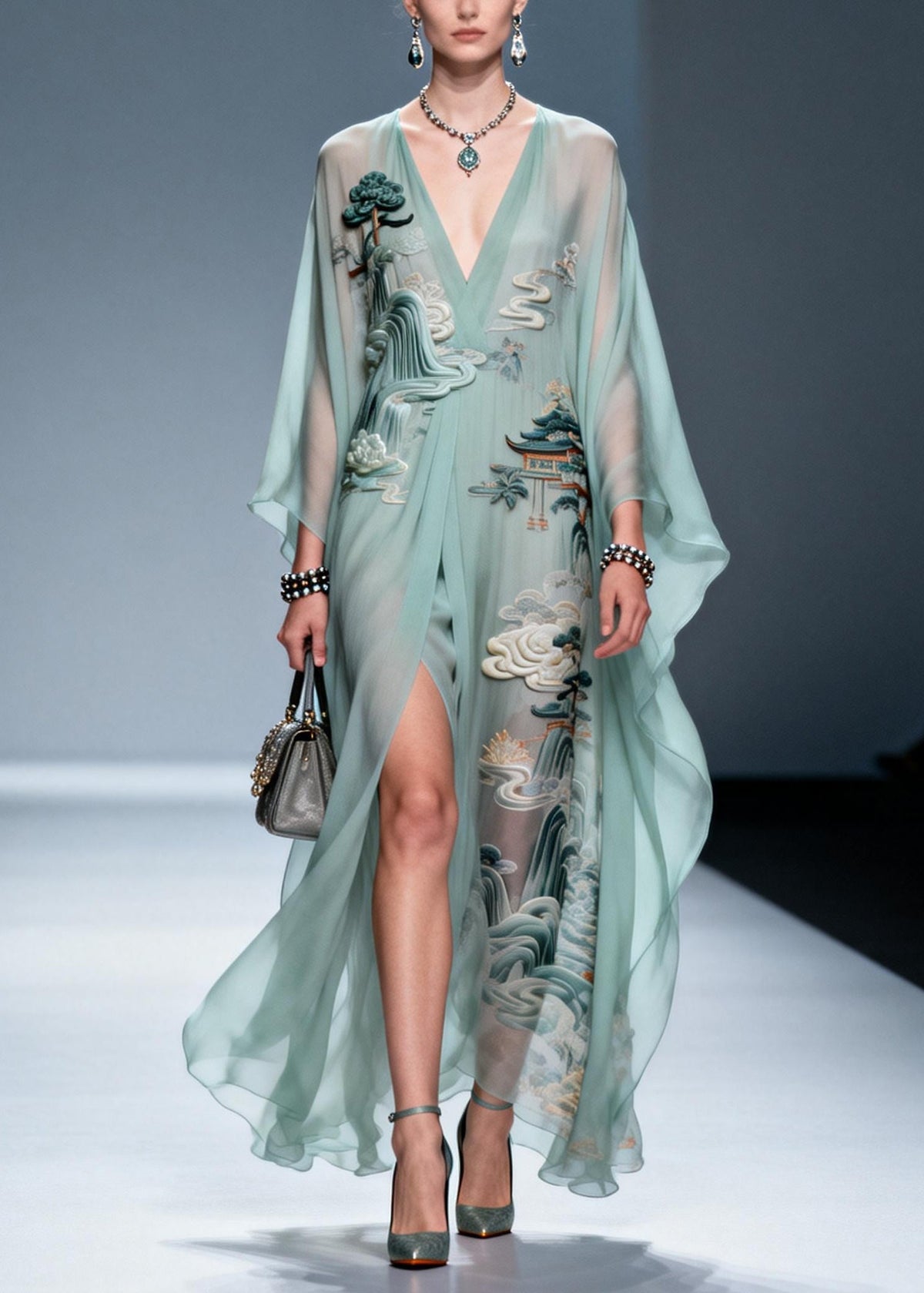 Deep V-Neck Batwing Sleeve High Split Chiffon Kaftan Maxi Dress