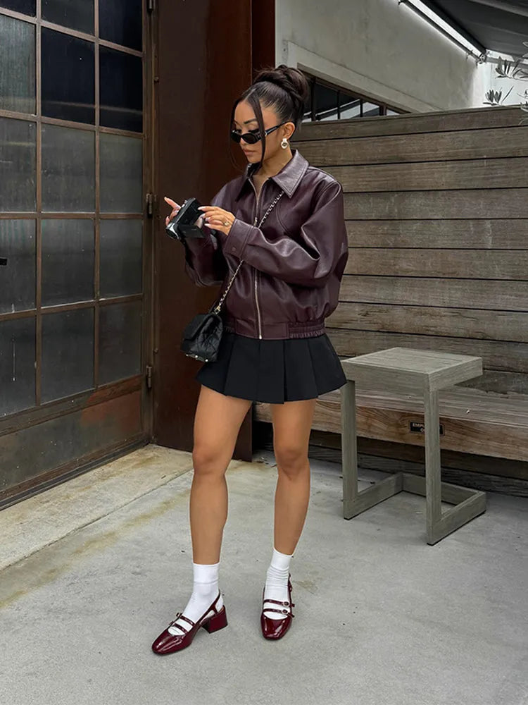 Vintage Solid PU Leather Coat