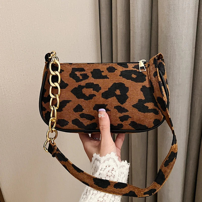 Vintage Chain Plush Leopard Shoulder Bag