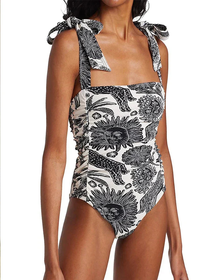 Vintage Sun Sketch Print Backless Swimsuit One Piece