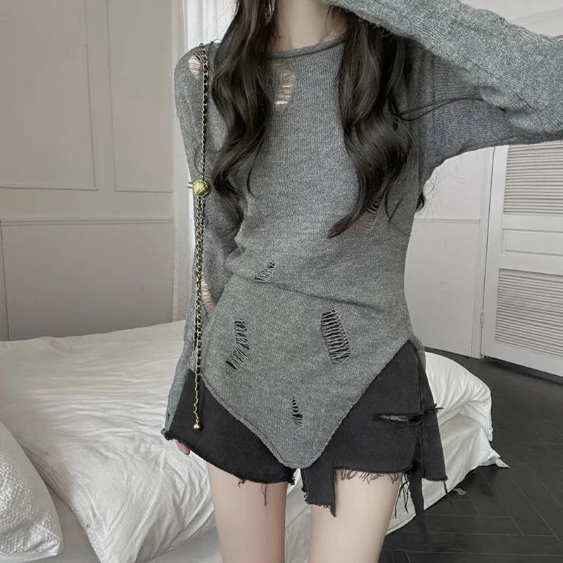 Slim Fit Grunge Hollow Out Knitted Pullover Sweater Top