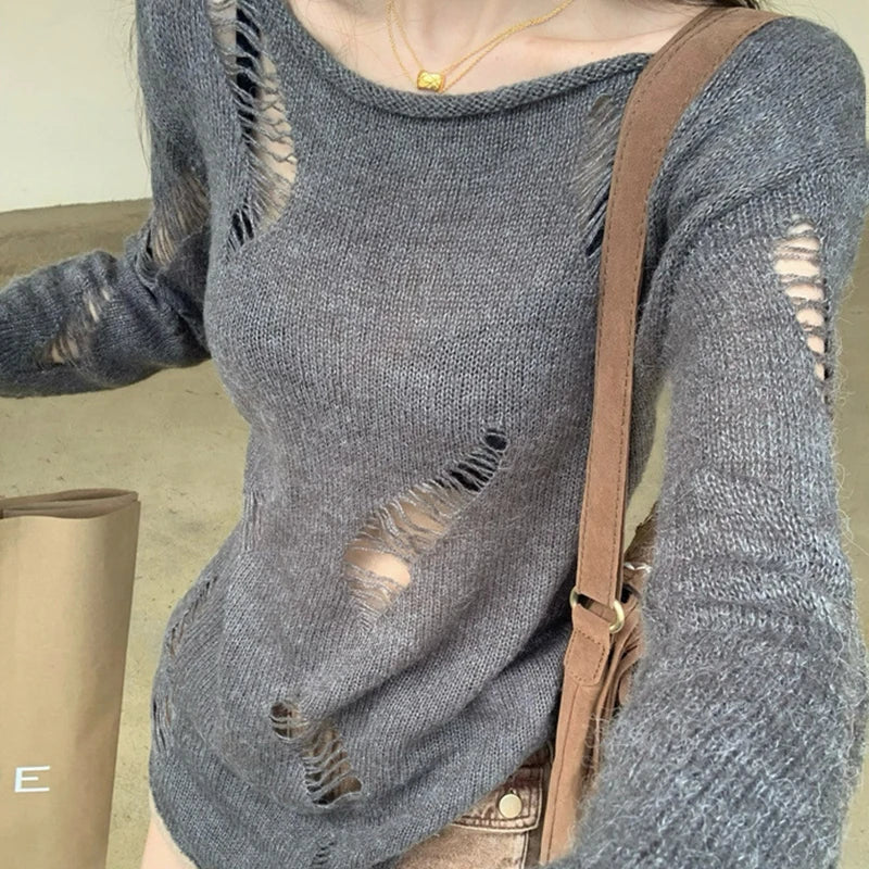 Slim Fit Grunge Hollow Out Knitted Pullover Sweater Top