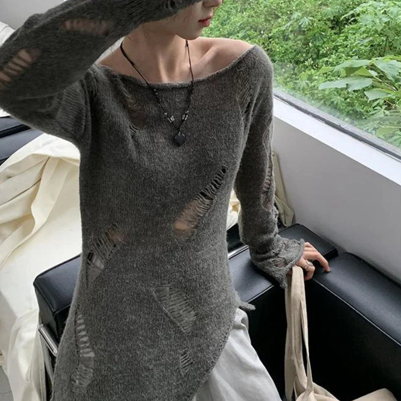 Slim Fit Grunge Hollow Out Knitted Pullover Sweater Top