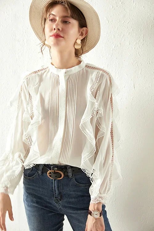 White Tiered Ruffles Hollow Out Cotton Boho Blouse