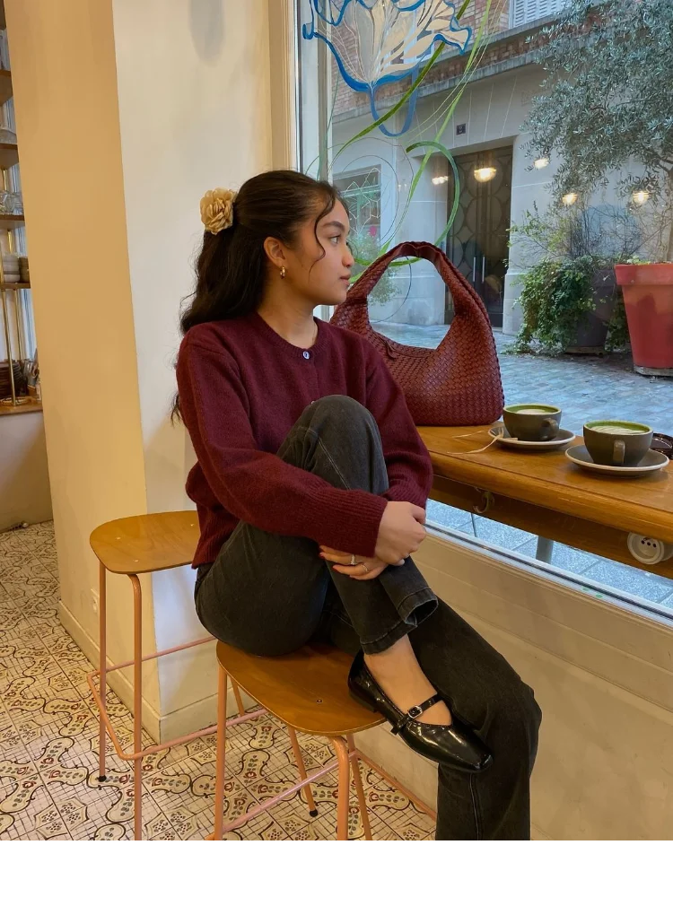 Wine Red Button Round Neck Cardigan