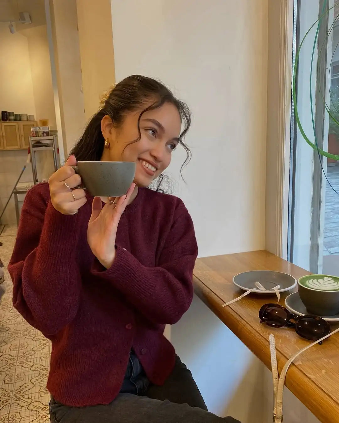 Wine Red Button Round Neck Cardigan