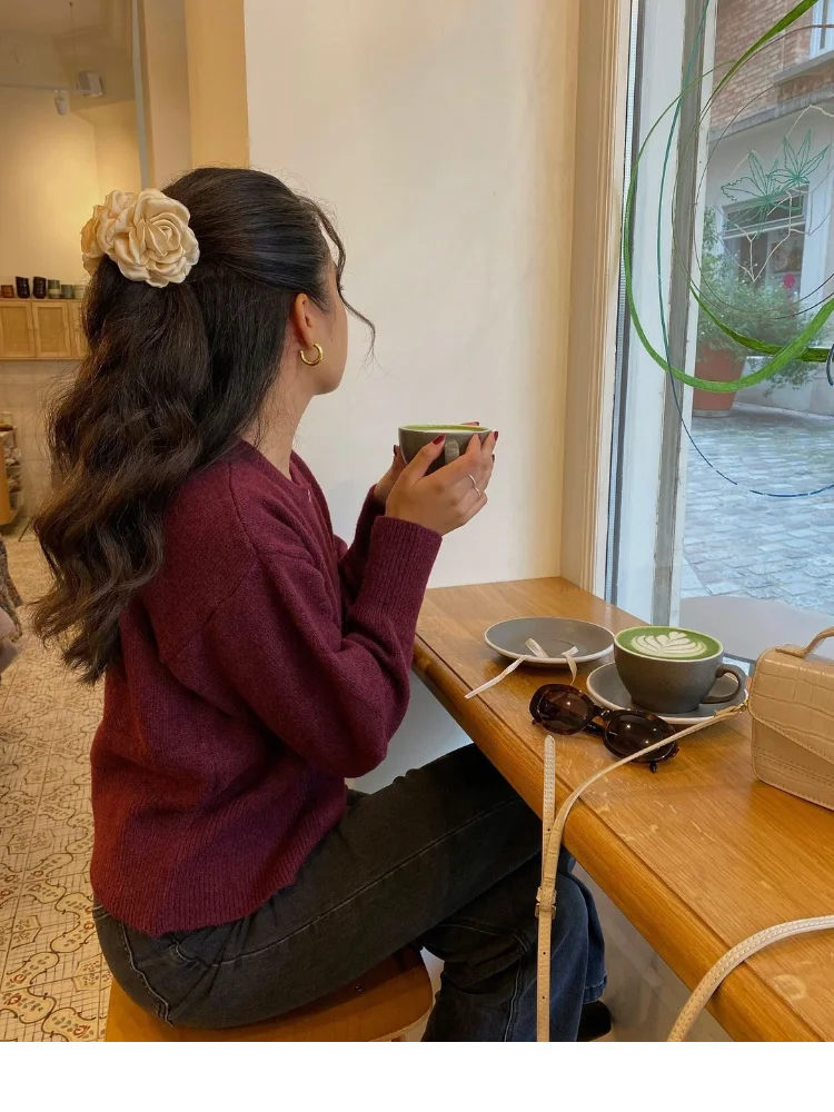 Wine Red Button Round Neck Cardigan