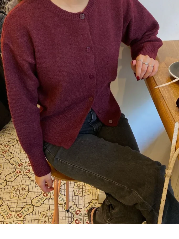Wine Red Button Round Neck Cardigan