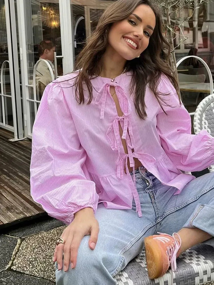 Striped Puff Sleeve Holiday Blouse - Fashionpara